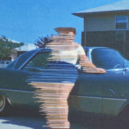 A woman in front of a blue car - limited edition embellished art print