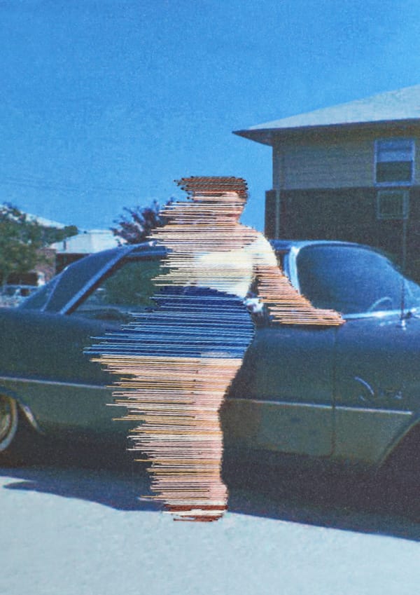 A woman in front of a blue car - limited edition embellished art print